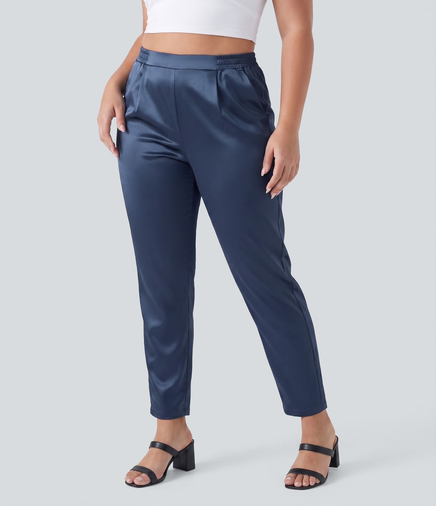 High Waisted Satin Work Plus Size Tapered Pants with Pockets