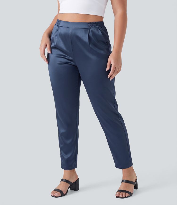 High Waisted Satin Work Plus Size Tapered Pants with Pockets