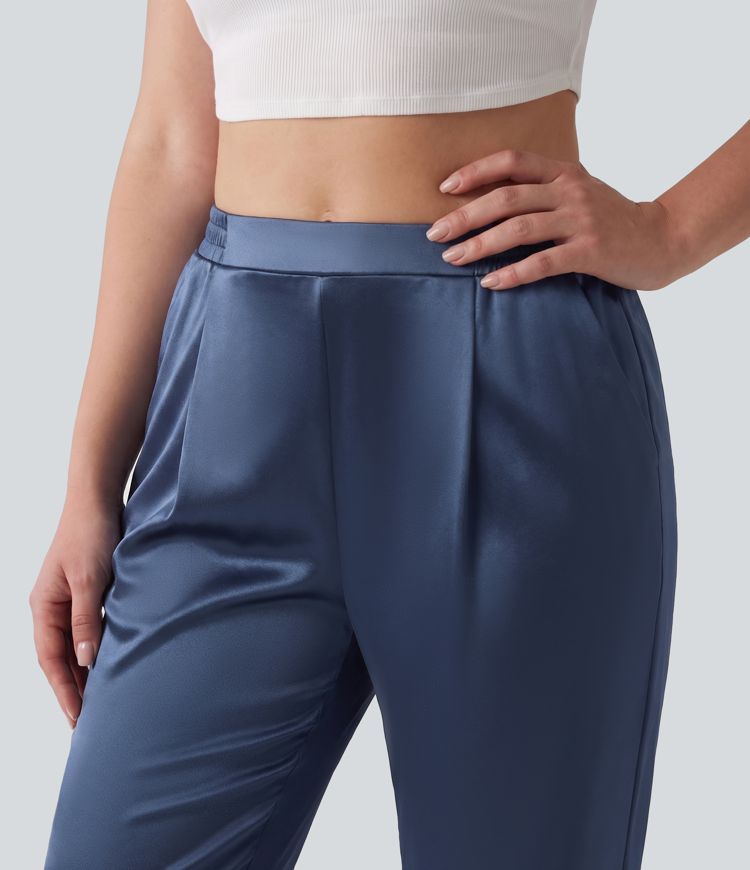 High Waisted Satin Work Plus Size Tapered Pants with Pockets