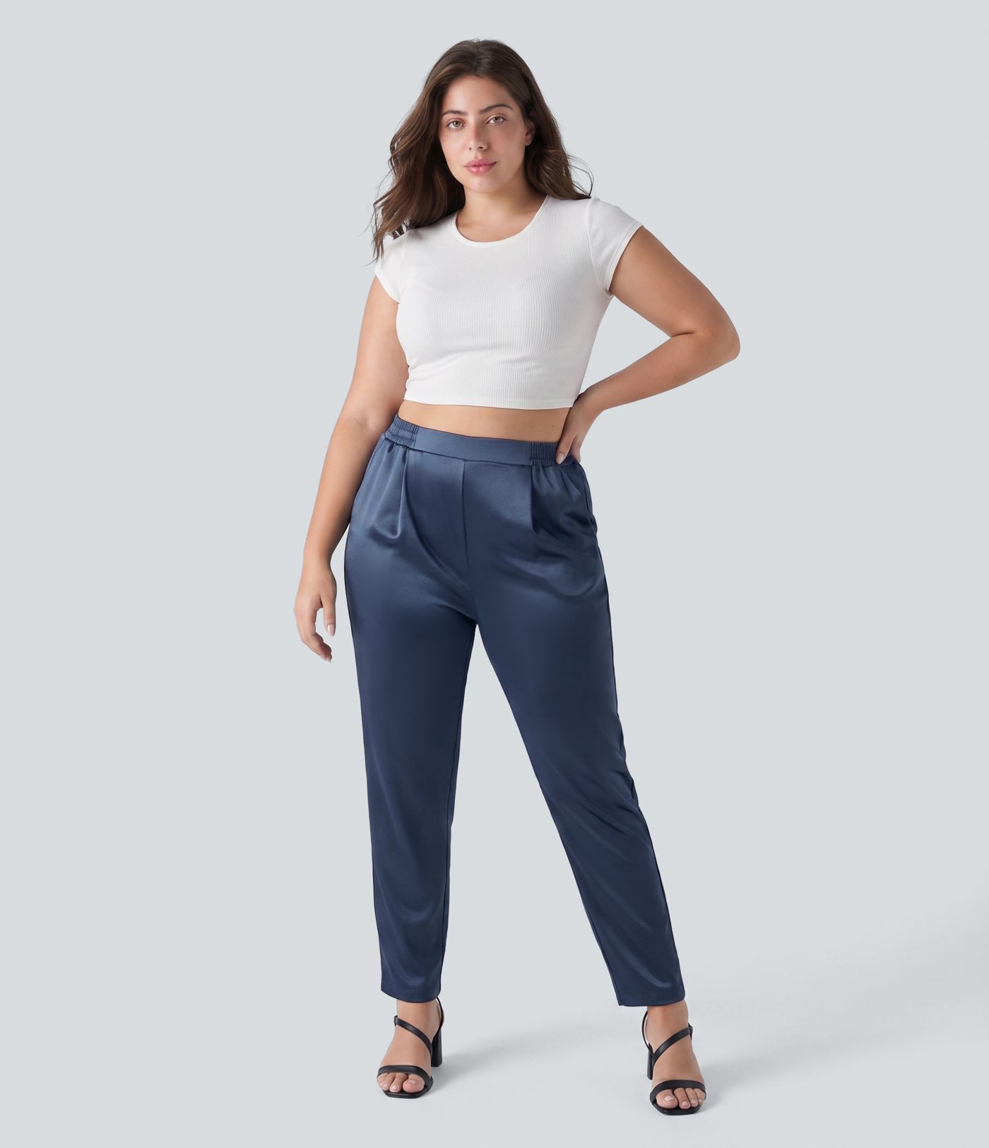 High Waisted Satin Work Plus Size Tapered Pants with Pockets