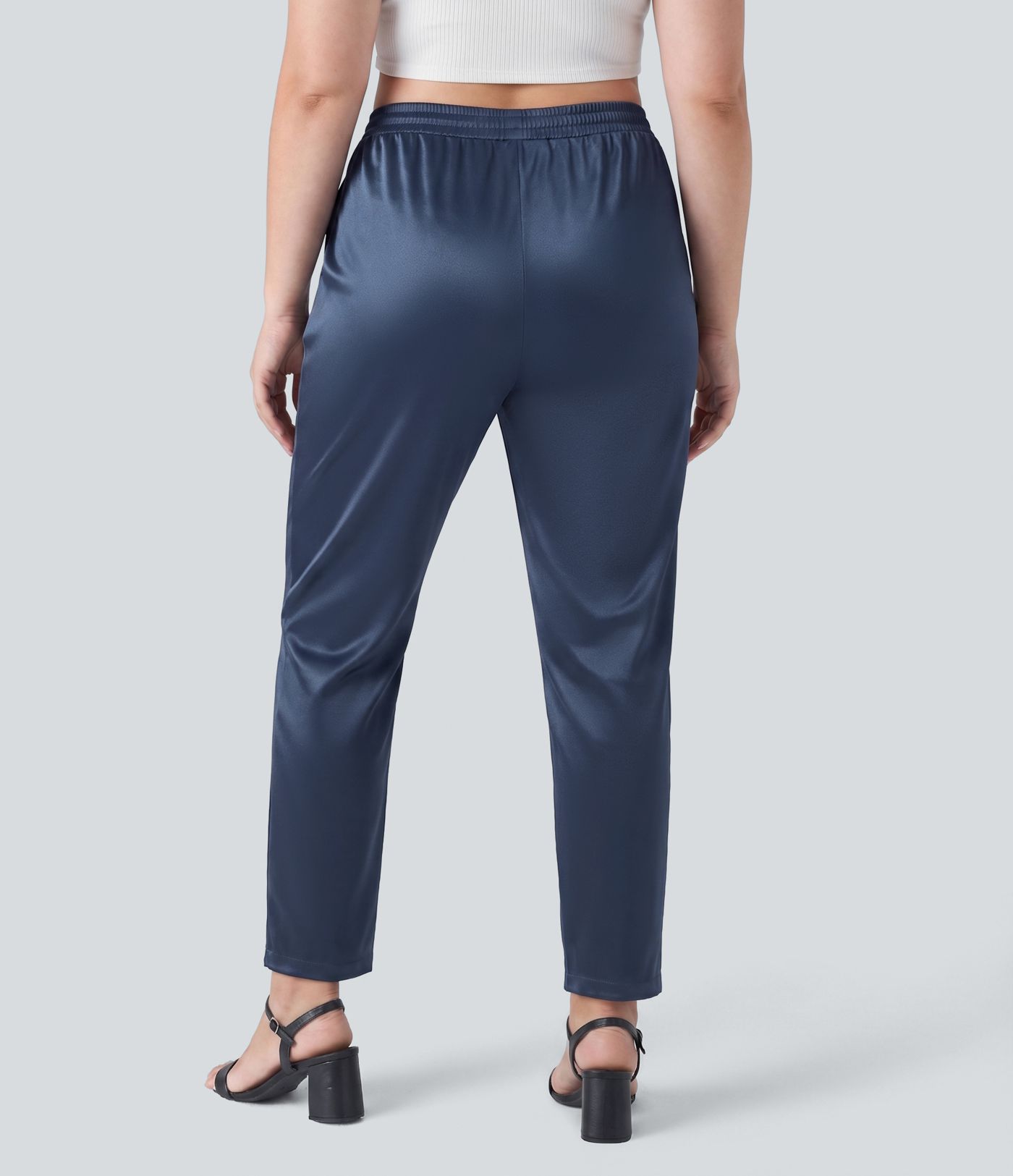 High Waisted Satin Work Plus Size Tapered Pants with Pockets
