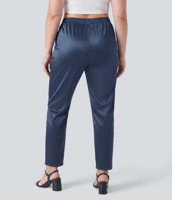 High Waisted Satin Work Plus Size Tapered Pants with Pockets