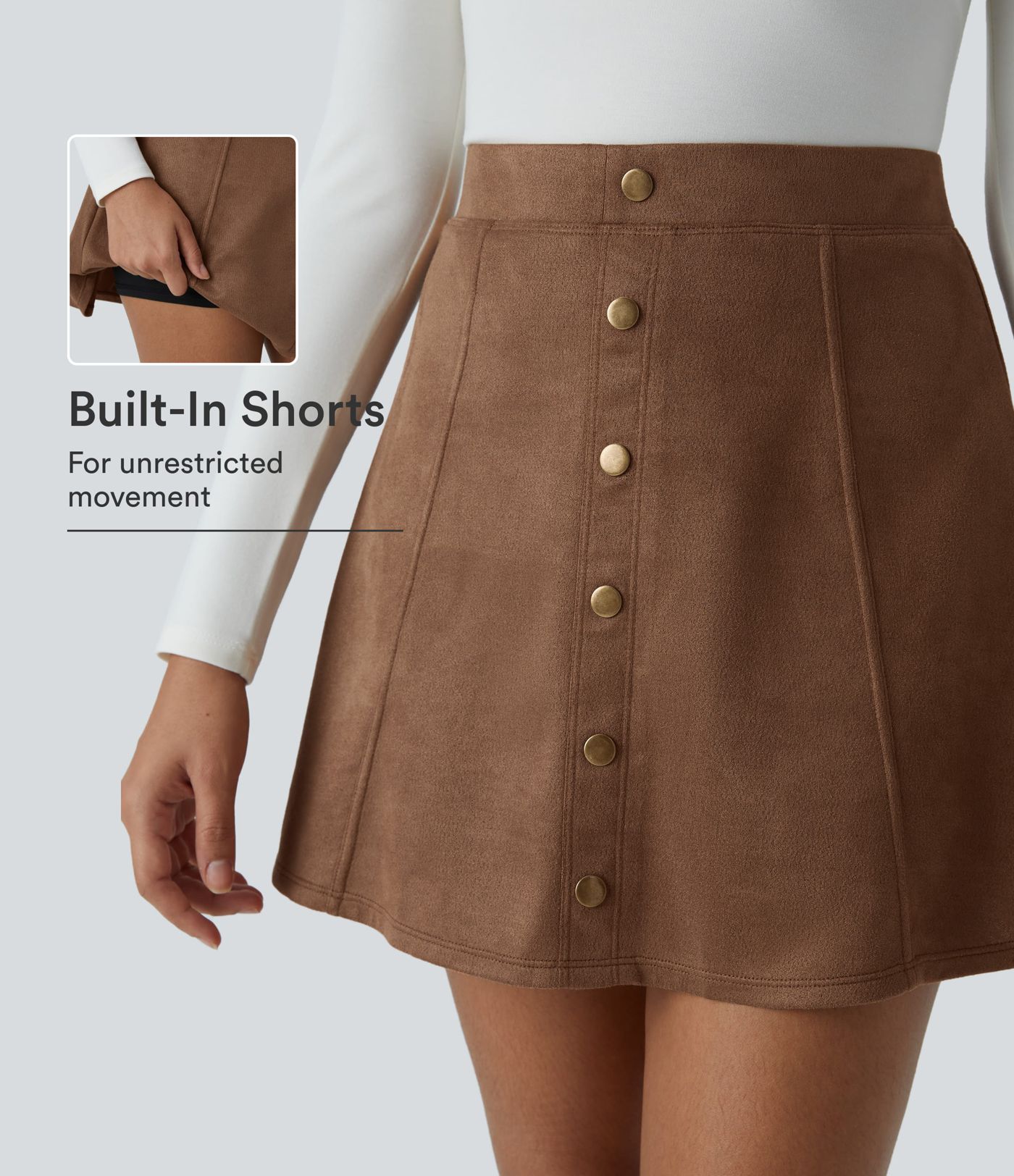 High Waisted Decorative 2-in-1 A Line Suede Mini Casual Skirt