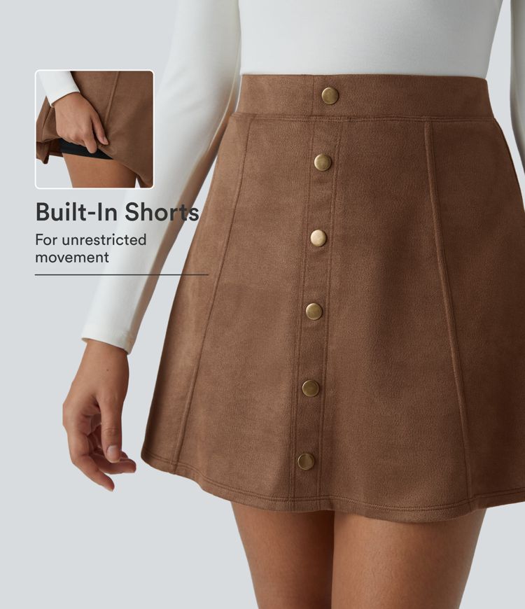 High Waisted Decorative 2-in-1 A Line Suede Mini Casual Skirt