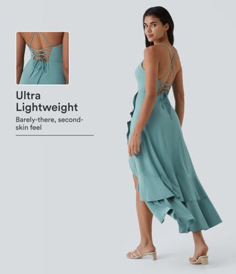 Breezeful™ Lace Up Side Zipper Ruffle Hem Maxi Quick Dry Casual Dress