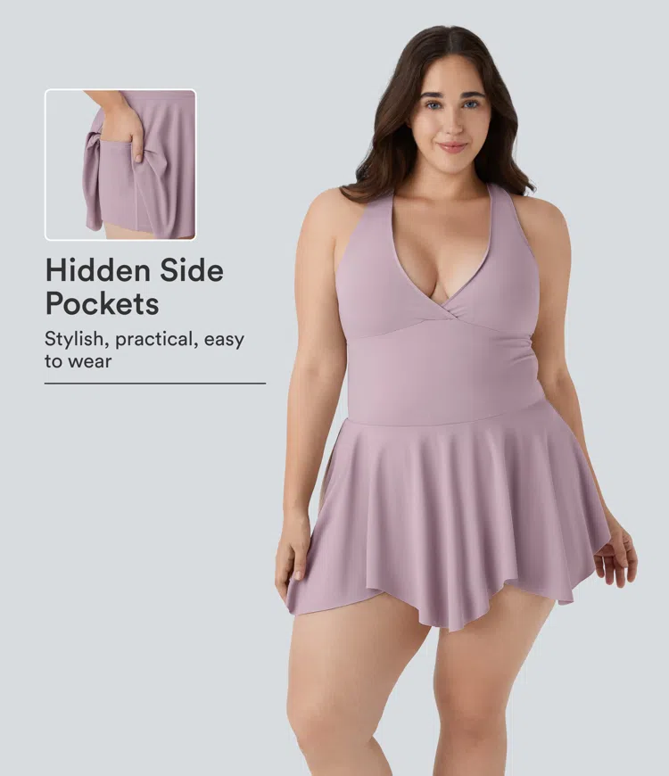 Deep V Neck Racerback Sleeveless 2-in-1 Pocket Mini Casual Plus Size Dress