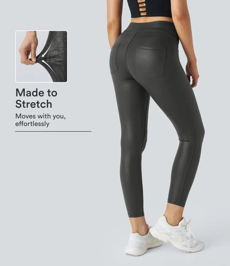 Shiny Dusk Black SoftlyZero™ Faux Leather High Waisted Pocket Work Leggings / 1