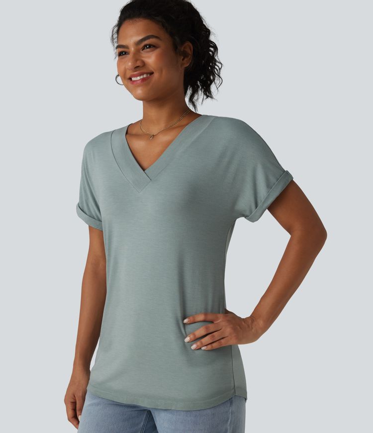 V-neck Batwing Short Sleeve Casual T-Shirt