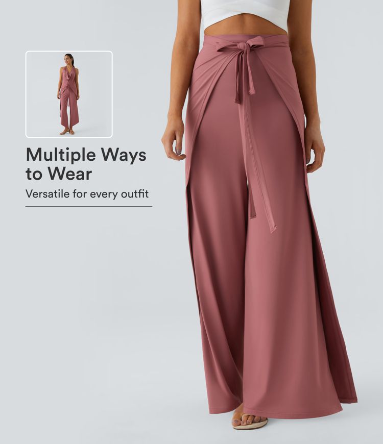 High Waisted Tie Front Hem Palazzo Wide Leg Flowy Casual Pants High Waisted Tie Front Hem Palazzo Wide Leg Flowy Casual Pants