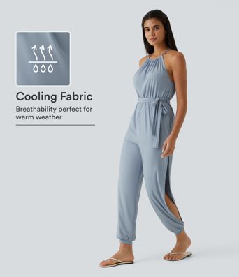 Combinaison sans manches avec ceinture, dos noué, poches et découpes, effet rafraîchissant - Protection UV UPF50+