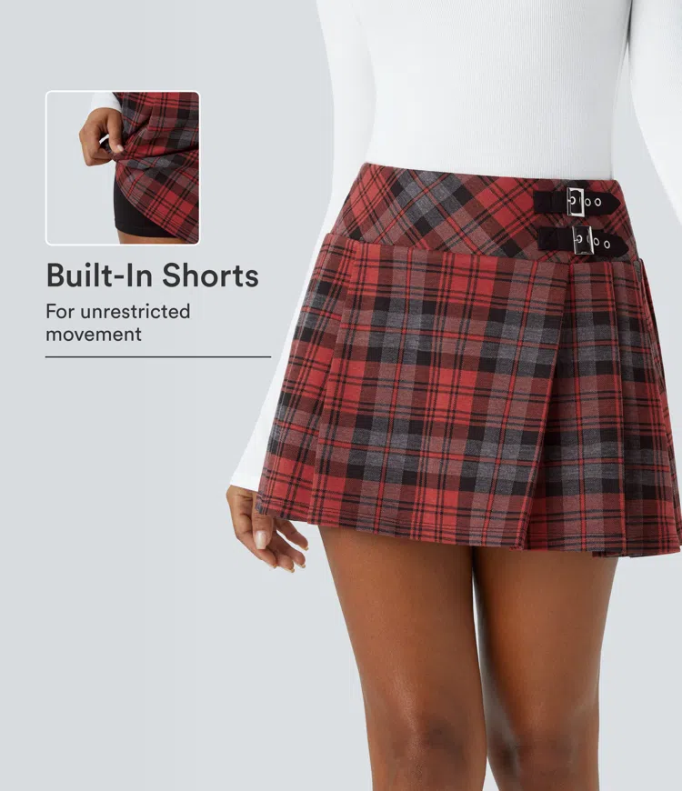 Dark Red Plaid High Waisted Decorative Buckle 2-in-1 Plaid Pleated Mini Casual Skirt / 1