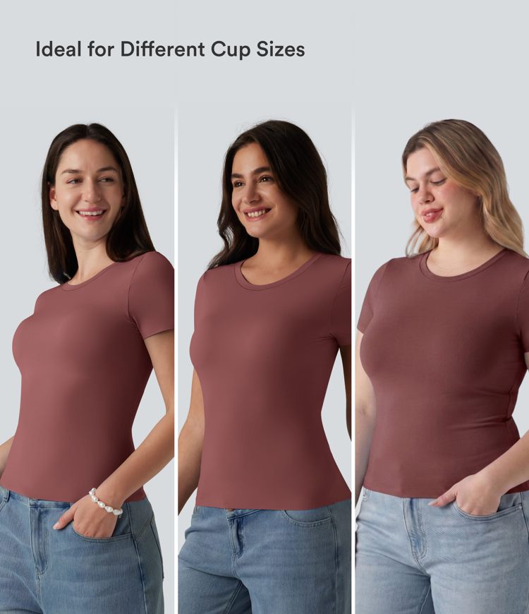 Scoop Neck Short Sleeve Built-in Bra Casual T-Shirt