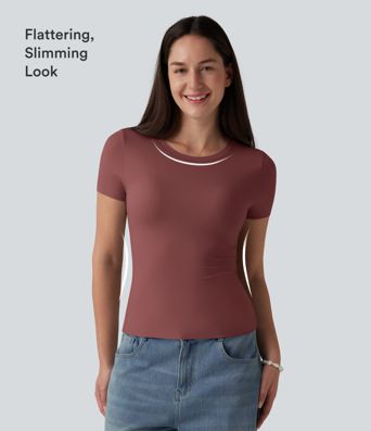 Scoop Neck Short Sleeve Built-in Bra Casual T-Shirt