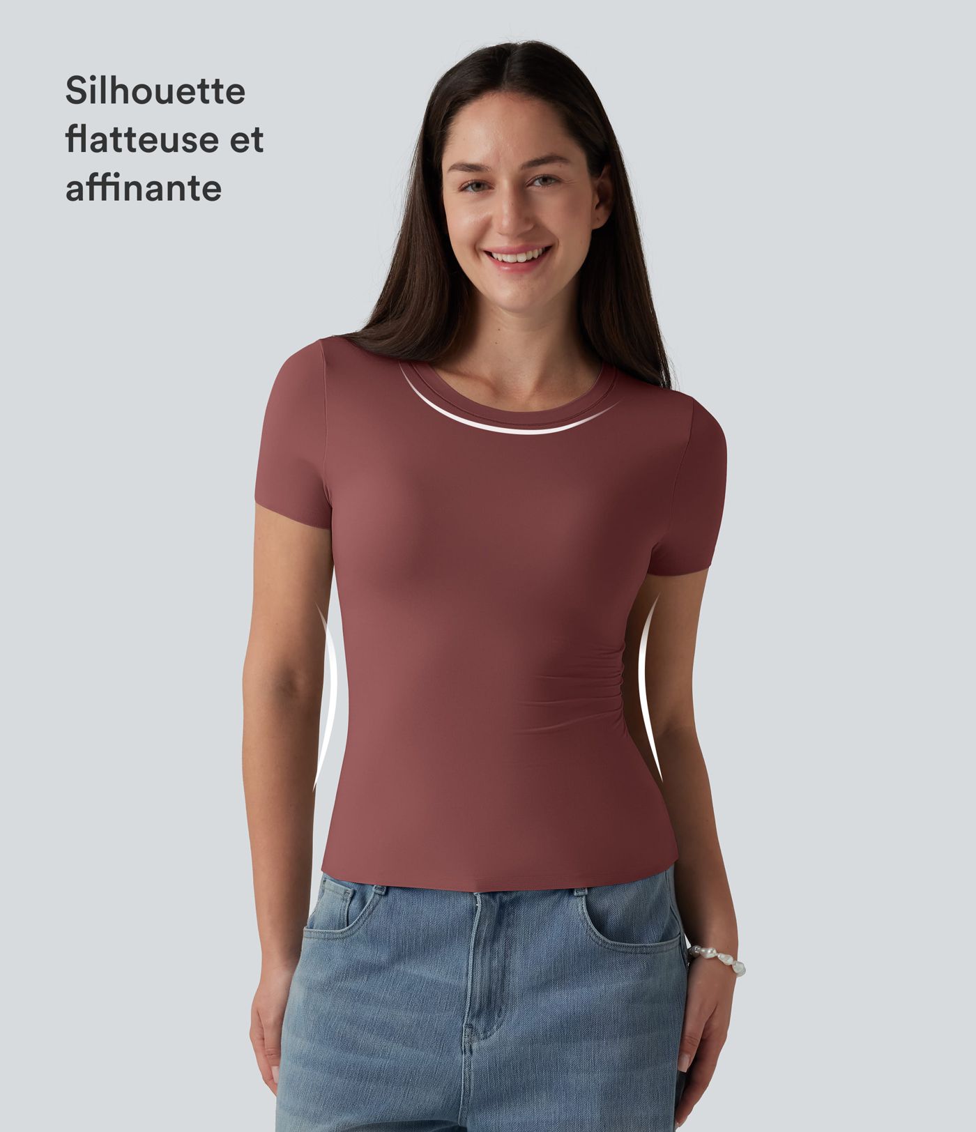 T-shirt décontracté col rond échancré à manches courtes avec soutien-gorge intégré bonnets B-DD T-shirt décontracté col rond échancré à manches courtes avec soutien-gorge intégré bonnets B-DD