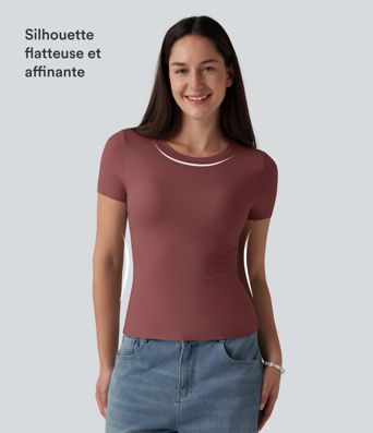 T-shirt décontracté col rond échancré à manches courtes avec soutien-gorge intégré bonnets B-DD T-shirt décontracté col rond échancré à manches courtes avec soutien-gorge intégré bonnets B-DD