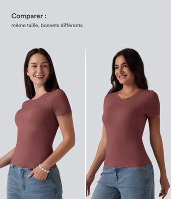 T-shirt décontracté col rond échancré à manches courtes avec soutien-gorge intégré bonnets B-DD T-shirt décontracté col rond échancré à manches courtes avec soutien-gorge intégré bonnets B-DD
