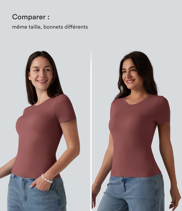 T-shirt décontracté col rond échancré à manches courtes avec soutien-gorge intégré bonnets B-DD T-shirt décontracté col rond échancré à manches courtes avec soutien-gorge intégré bonnets B-DD