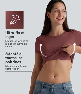 T-shirt décontracté col rond échancré à manches courtes avec soutien-gorge intégré bonnets B-DD T-shirt décontracté col rond échancré à manches courtes avec soutien-gorge intégré bonnets B-DD