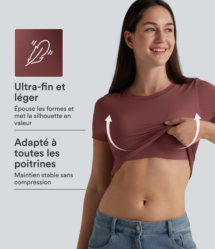 T-shirt décontracté col rond échancré à manches courtes avec soutien-gorge intégré bonnets B-DD T-shirt décontracté col rond échancré à manches courtes avec soutien-gorge intégré bonnets B-DD