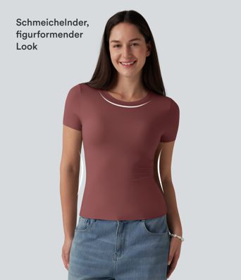 Lässiges T-Shirt mit Rundhalsausschnitt, kurzen Ärmeln und integriertem BH - B-DD Cups Lässiges T-Shirt mit Rundhalsausschnitt, kurzen Ärmeln und integriertem BH - B-DD Cups