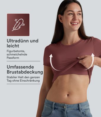 Lässiges T-Shirt mit Rundhalsausschnitt, kurzen Ärmeln und integriertem BH - B-DD Cups Lässiges T-Shirt mit Rundhalsausschnitt, kurzen Ärmeln und integriertem BH - B-DD Cups