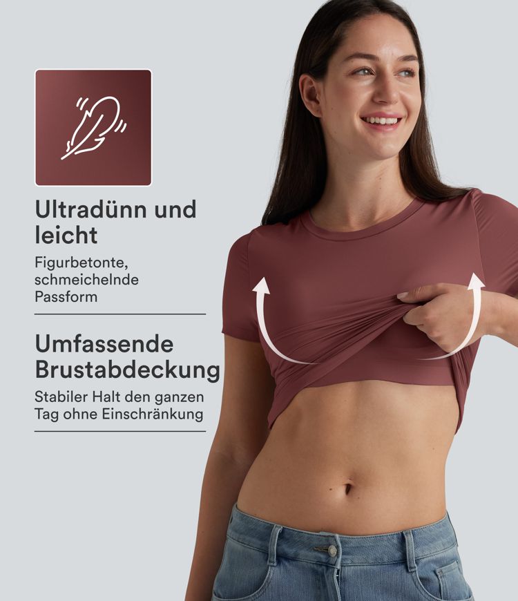 Lässiges T-Shirt mit Rundhalsausschnitt, kurzen Ärmeln und integriertem BH - B-DD Cups Lässiges T-Shirt mit Rundhalsausschnitt, kurzen Ärmeln und integriertem BH - B-DD Cups