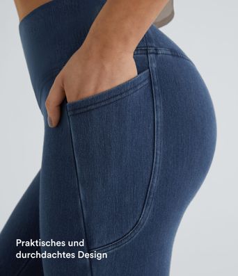 Halara Flex™ Jeans Crossover-Leggings aus elastischem Strick-Denim mit Seitentaschen