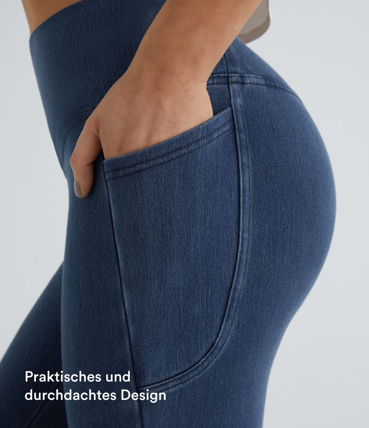 Halara Flex™ Jeans Crossover-Leggings aus elastischem Strick-Denim mit Seitentaschen