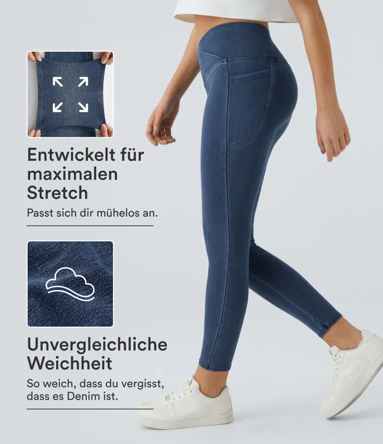Halara Flex™ Jeans Crossover-Leggings aus elastischem Strick-Denim mit Seitentaschen
