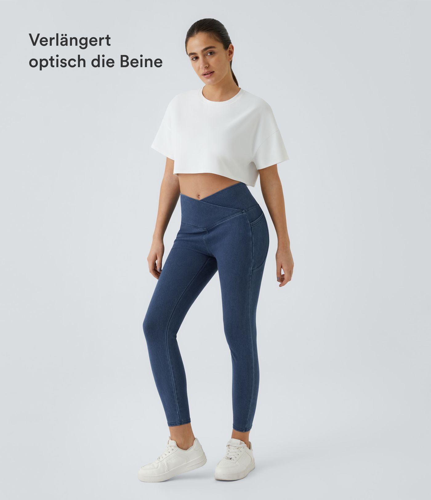 Halara Flex™ Jeans Crossover-Leggings aus elastischem Strick-Denim mit Seitentaschen