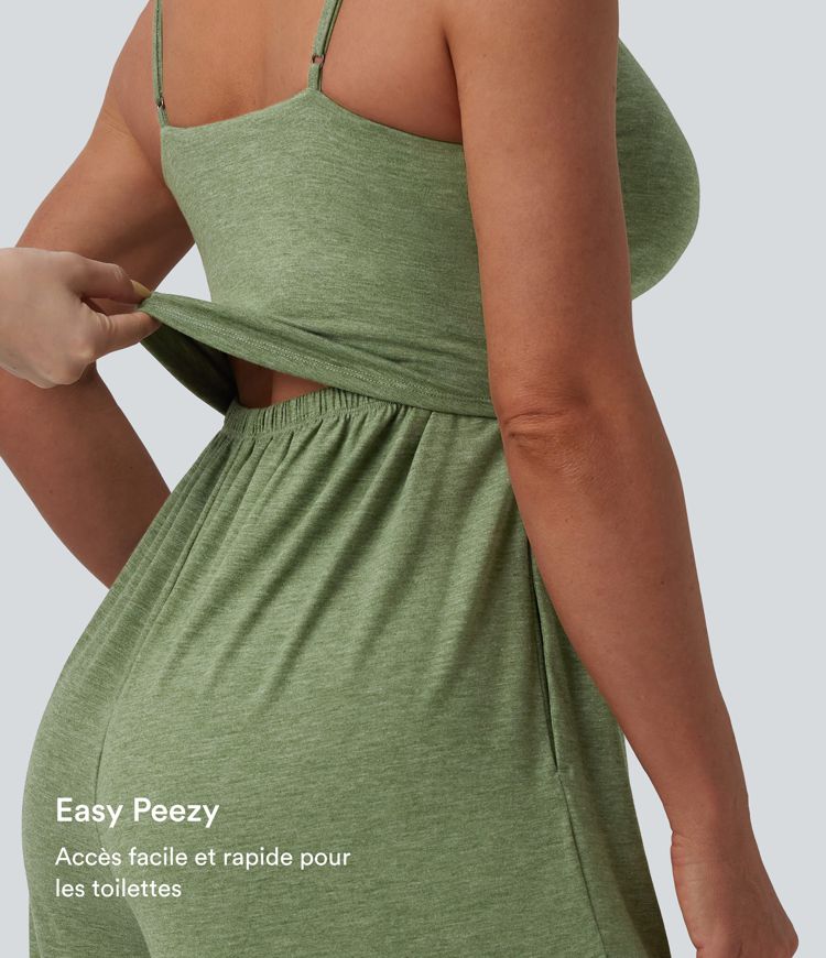 Lässiger Jumpsuit mit verstellbaren Trägern, Raffung, weitem Bein, meliertem Stoff und Taschen - Easy Peezy