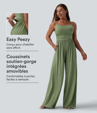 Lässiger Jumpsuit mit verstellbaren Trägern, Raffung, weitem Bein, meliertem Stoff und Taschen - Easy Peezy