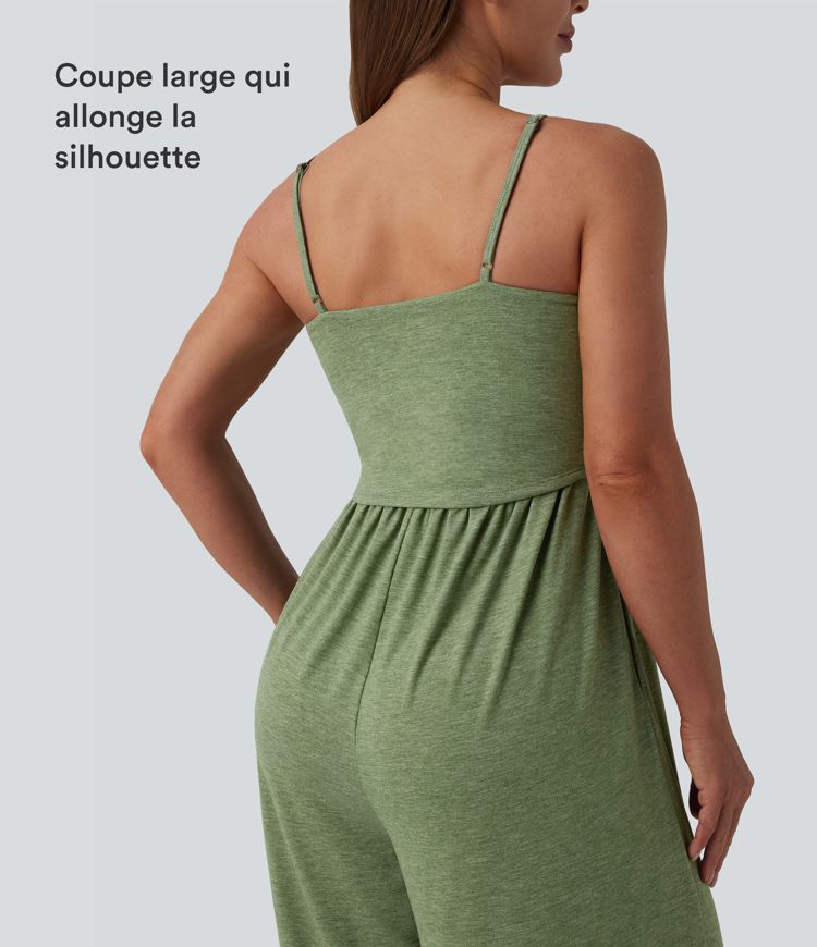 Lässiger Jumpsuit mit verstellbaren Trägern, Raffung, weitem Bein, meliertem Stoff und Taschen - Easy Peezy