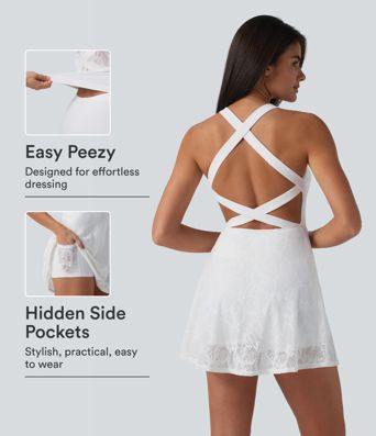 SoftlyZero™ QuickDry — robe active mini évasée 2-en-1 pour yoga avec soutien-gorge intégré, dentelle contrastée et poches — Édition Easy Peezy