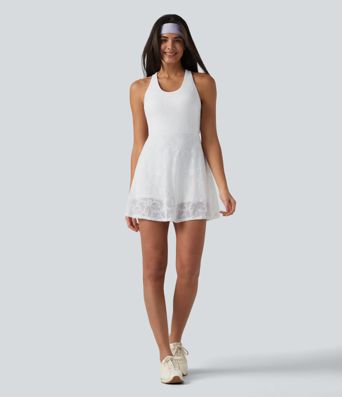 SoftlyZero™ QuickDry — robe active mini évasée 2-en-1 pour yoga avec soutien-gorge intégré, dentelle contrastée et poches — Édition Easy Peezy