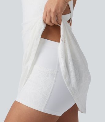 SoftlyZero™ QuickDry — robe active mini évasée 2-en-1 pour yoga avec soutien-gorge intégré, dentelle contrastée et poches — Édition Easy Peezy