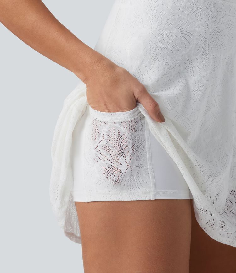 SoftlyZero™ QuickDry — robe active mini évasée 2-en-1 pour yoga avec soutien-gorge intégré, dentelle contrastée et poches — Édition Easy Peezy