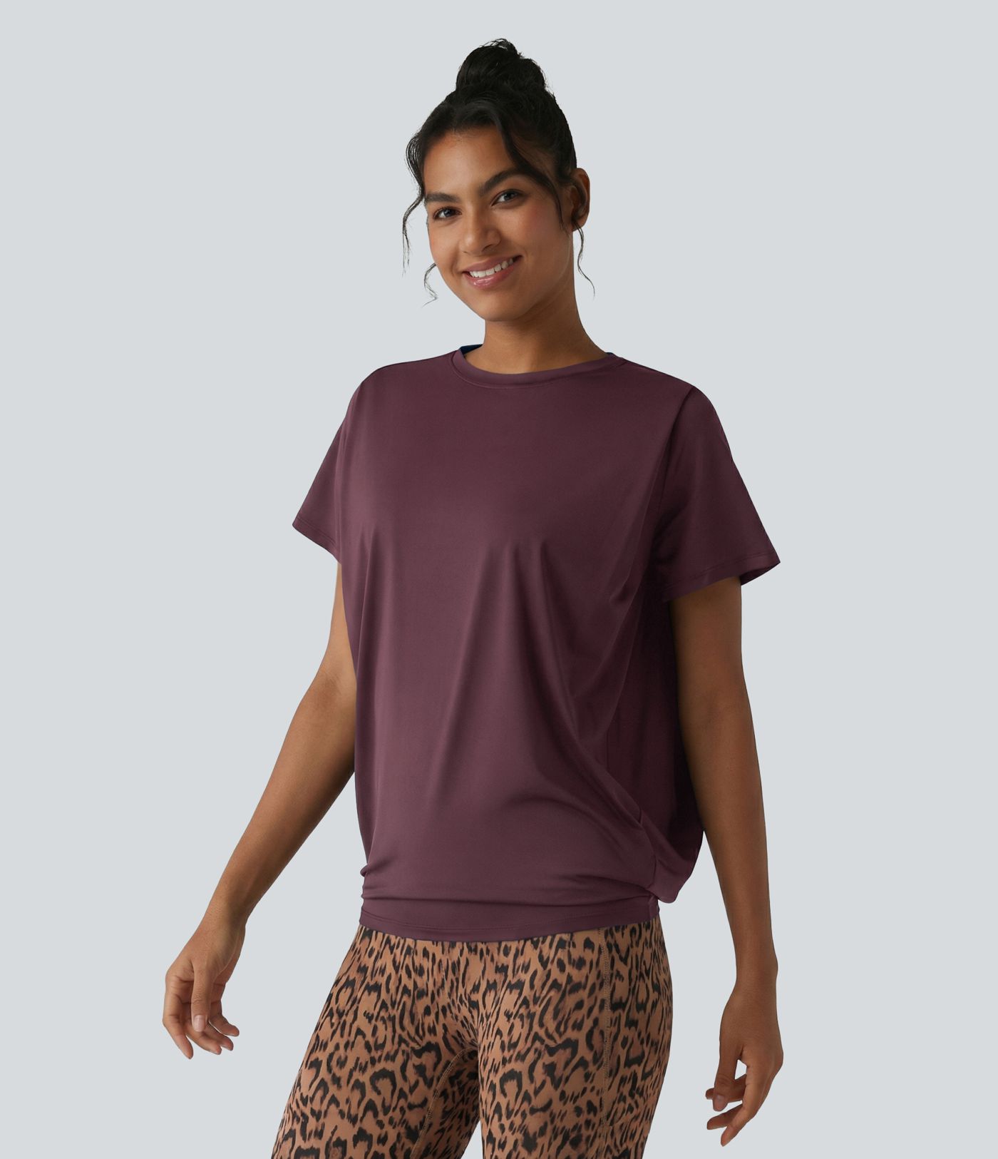 Round Neck Short Sleeve Ruched Cool Touch Yoga Sports Top-UPF50+