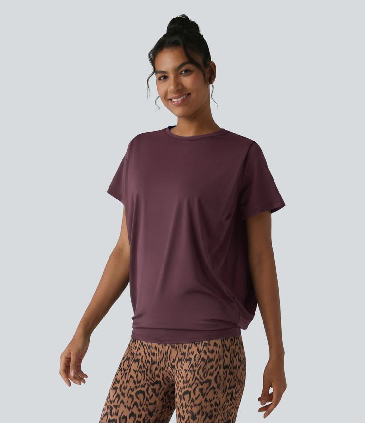 Round Neck Short Sleeve Ruched Cool Touch Yoga Sports Top-UPF50+