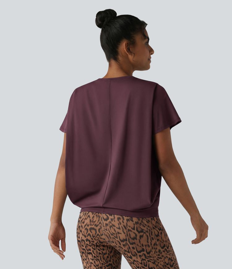 Round Neck Short Sleeve Ruched Cool Touch Yoga Sports Top-UPF50+