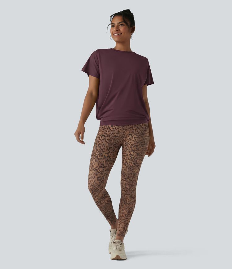 Round Neck Short Sleeve Ruched Cool Touch Yoga Sports Top-UPF50+