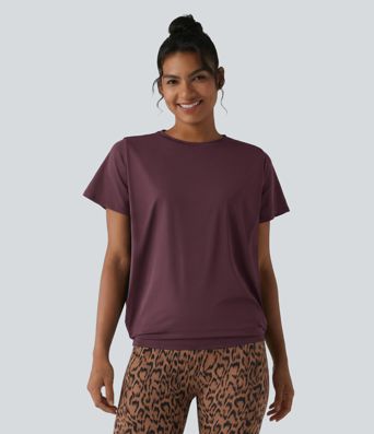 Round Neck Short Sleeve Ruched Cool Touch Yoga Sports Top-UPF50+