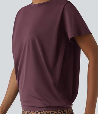 Round Neck Short Sleeve Ruched Cool Touch Yoga Sports Top-UPF50+
