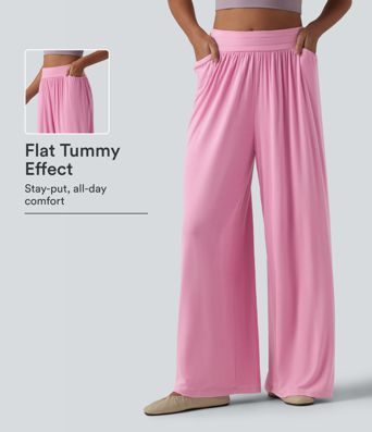 Ribbed High Waisted Tummy Control Casual Baggy Pants with Pockets