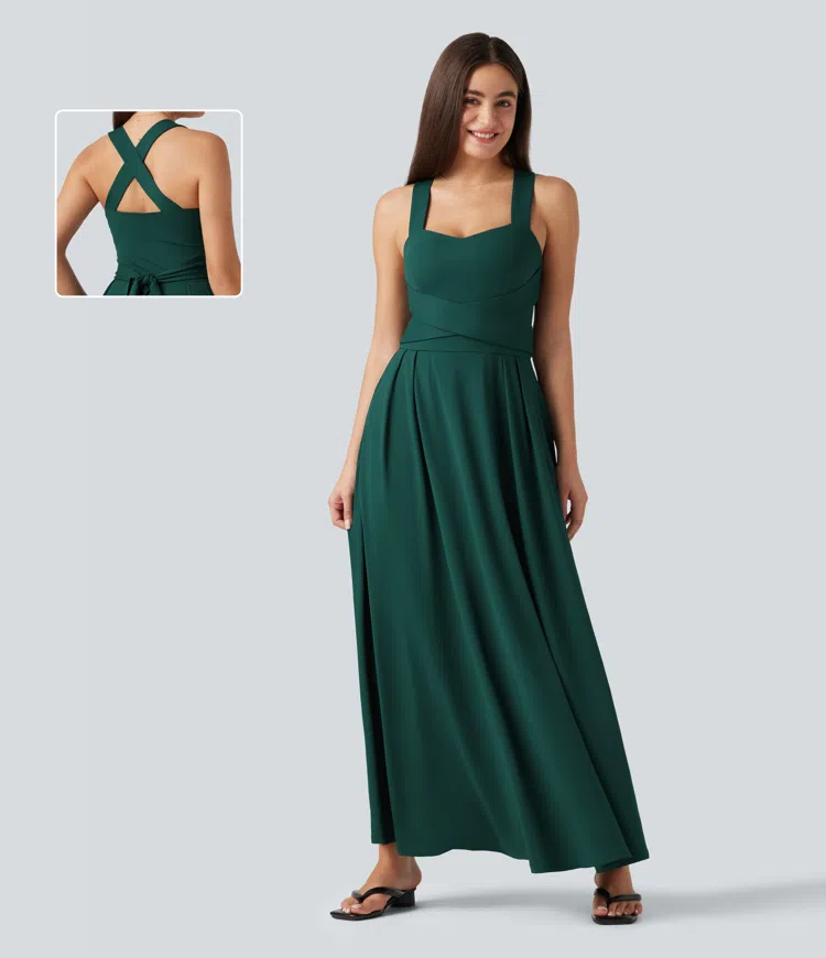 Sweetheart Neck Sleeveless Crisscross Tie-back Maxi Casual Flowy Dress with Pockets