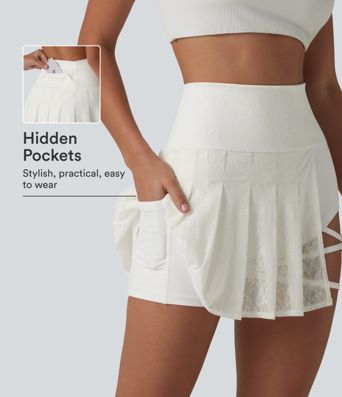 High Waisted Contrast Lace Pleated 2-in-1 Asymmetric Hem Mini Dance Skirt with Pockets