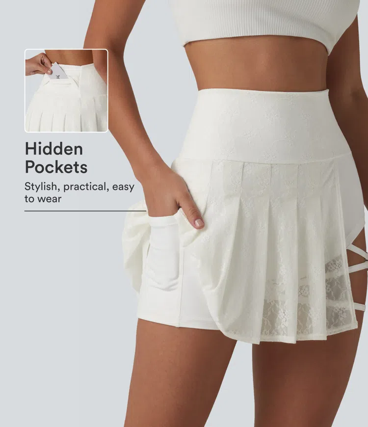 Mini-Tanzrock mit hoher Taille, kontrastierender Spitze, Plissee, 2-in-1-Design, asymmetrischem Saum und Taschen.