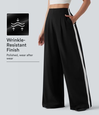 Wrinkle-Resistant High Waisted Baggy Color Block Casual Linen-Feel Pants with Pockets
