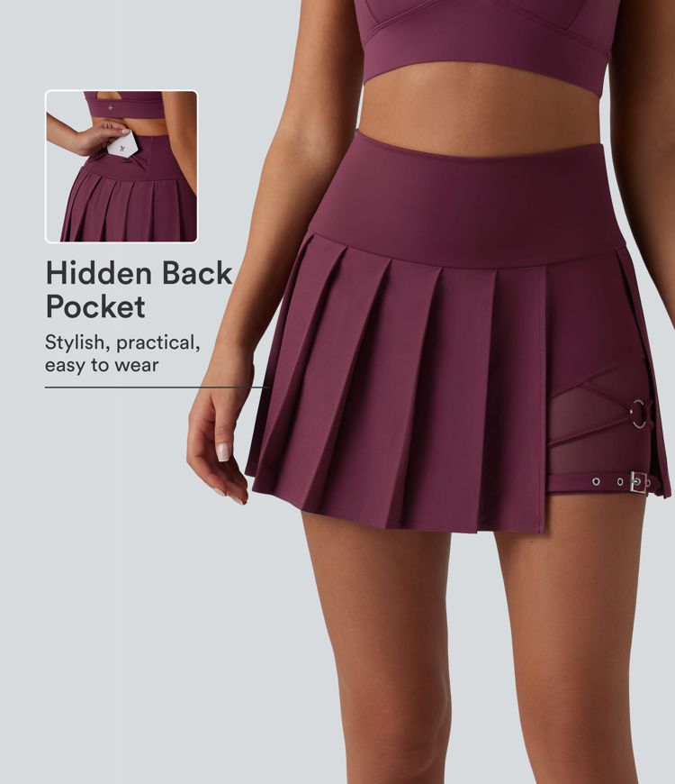 Breezeful™ High Waisted Pleated 2-in-1 Contrast Mesh Quick Dry Mini Workout Skirt with Pockets