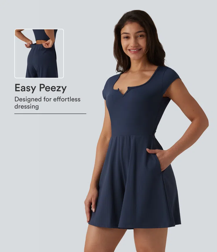 Softlyzero™ Airy - Yoga-Einteiler mit Seitentaschen, kurzen Ärmeln, InstantCool und weitem Bein - Easy Peezy Edition